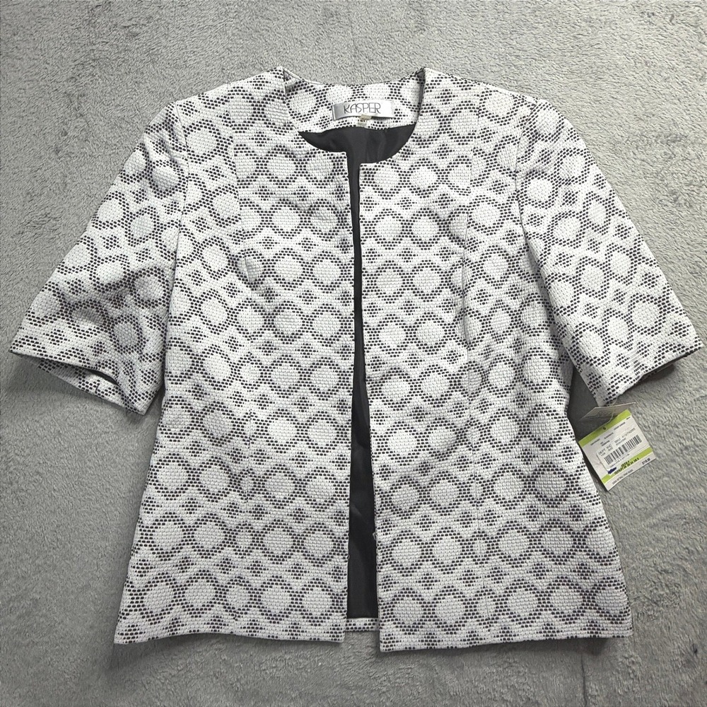 Kasper Women Black White Geometric Short Sleeve Open Front Blazer Jacket Size 4